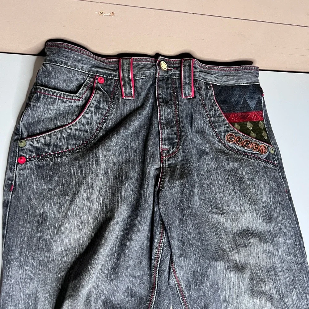 Coogi Jeans‎ Mens 36x34 Black Faded Denim Embroidered Patchwork Straight Leg Y2K